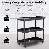 3-Tier Rolling Tool Cart with Spacious Shelves, 4 Universal Wheels and 2 Brakes-Black