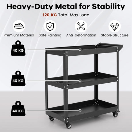 3-Tier Rolling Tool Cart with Spacious Shelves, 4 Universal Wheels and 2 Brakes-Black