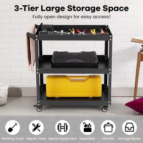 3-Tier Rolling Tool Cart with Spacious Shelves, 4 Universal Wheels and 2 Brakes-Black