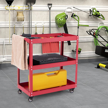 3-Tier Rolling Tool Cart with Spacious Shelves, 4 Universal Wheels and 2 Brakes-Red