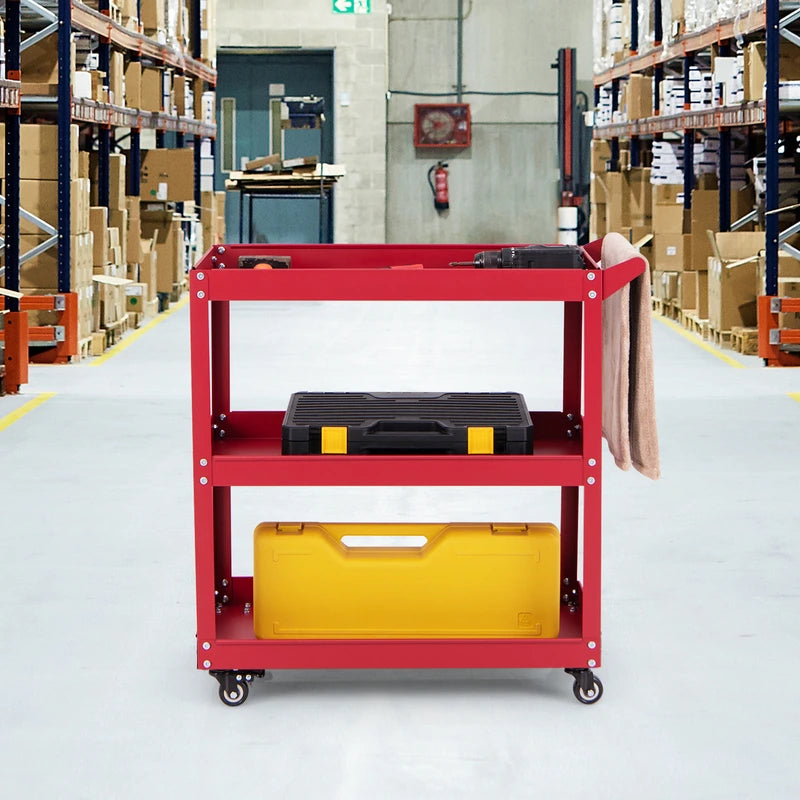 3-Tier Rolling Tool Cart with Spacious Shelves, 4 Universal Wheels and 2 Brakes-Red