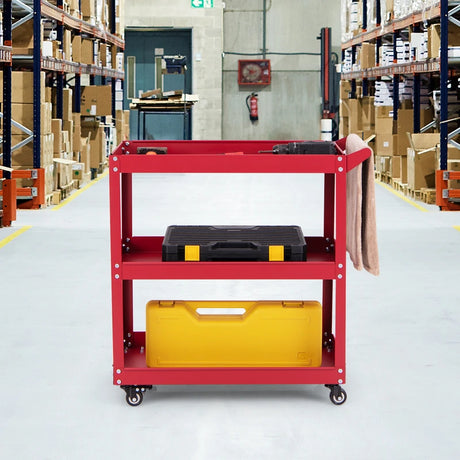 3-Tier Rolling Tool Cart with Spacious Shelves, 4 Universal Wheels and 2 Brakes-Red