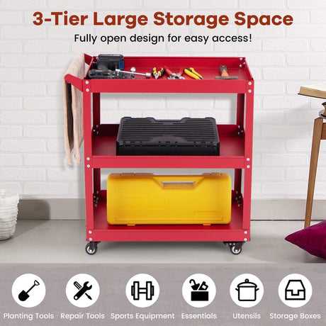 3-Tier Rolling Tool Cart with Spacious Shelves, 4 Universal Wheels and 2 Brakes-Red