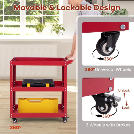 3-Tier Rolling Tool Cart with Spacious Shelves, 4 Universal Wheels and 2 Brakes-Red