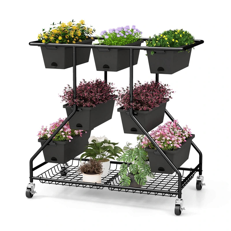 Vertical Raised Garden Bed with 7 Planter Boxes and Storage Baskets-Black
