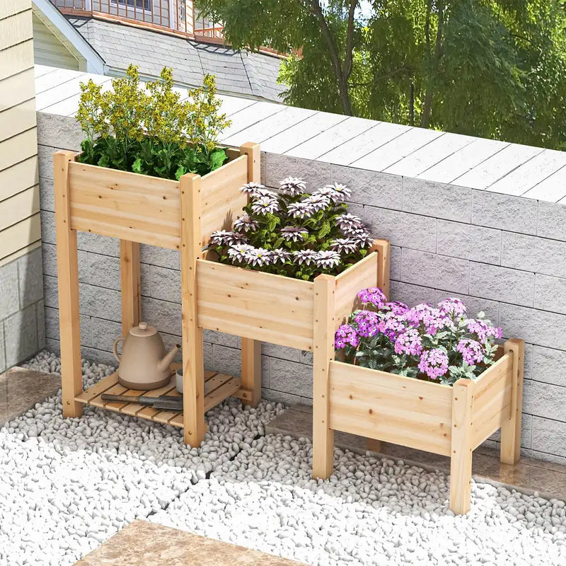 3-Tier Wooden Raised Garden Bed with Open Storage Shelf-Natural
