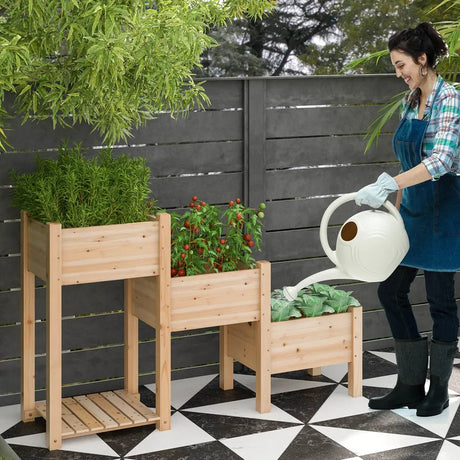 3-Tier Wooden Raised Garden Bed with Open Storage Shelf-Natural