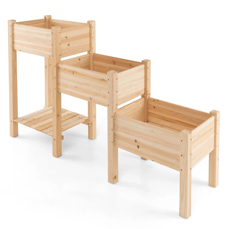 3-Tier Wooden Raised Garden Bed with Open Storage Shelf-Natural