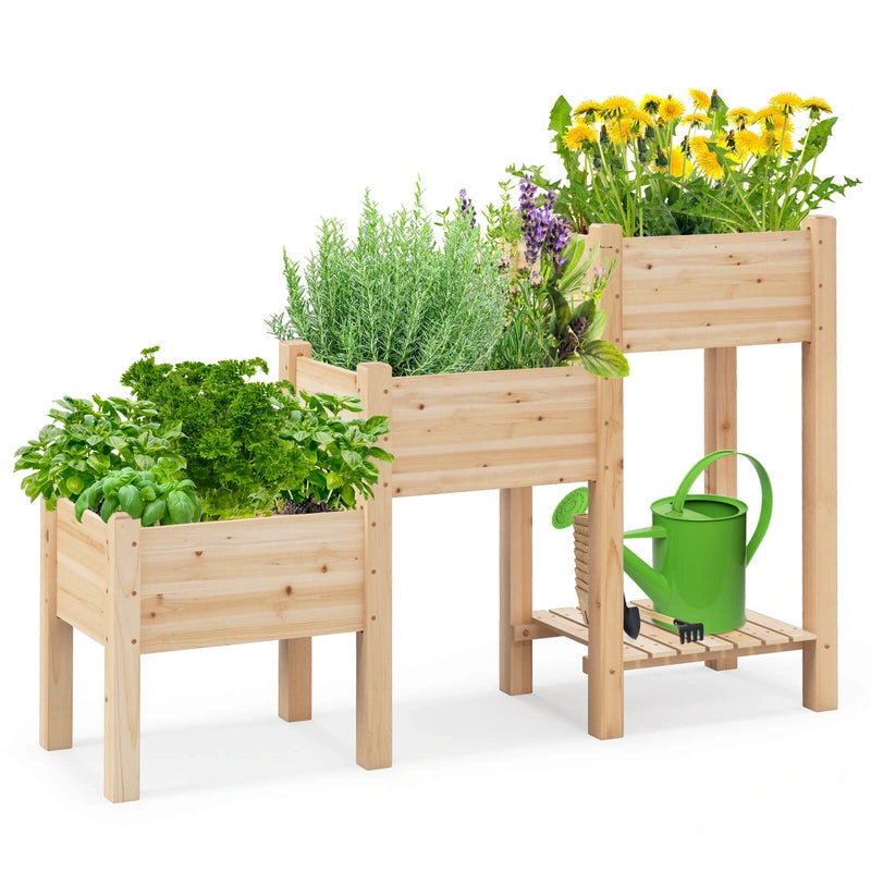 3-Tier Wooden Raised Garden Bed with Open Storage Shelf-Natural