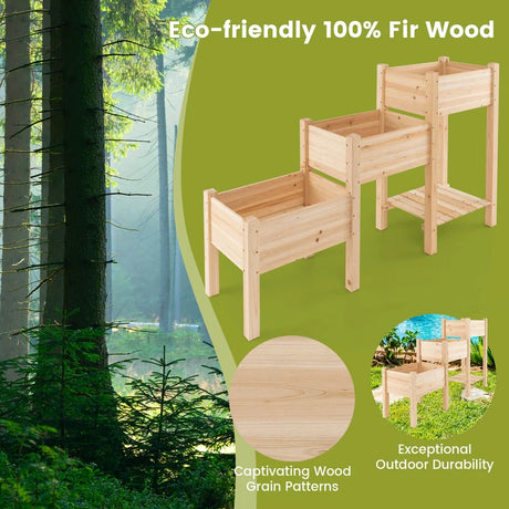 3-Tier Wooden Raised Garden Bed with Open Storage Shelf-Natural