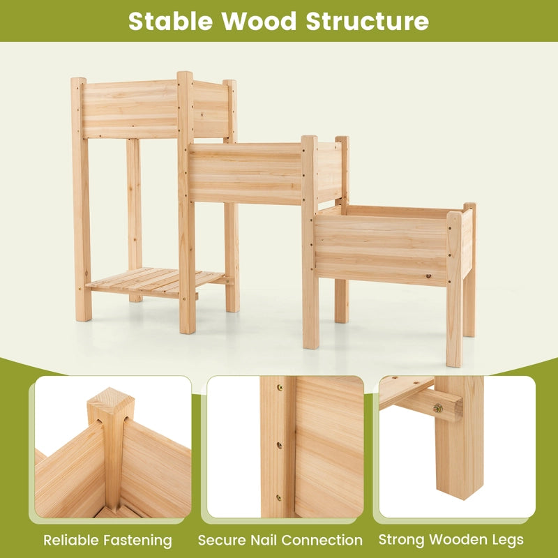 3-Tier Wooden Raised Garden Bed with Open Storage Shelf-Natural