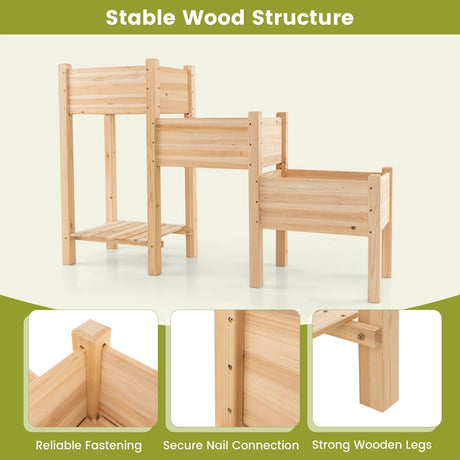 3-Tier Wooden Raised Garden Bed with Open Storage Shelf-Natural
