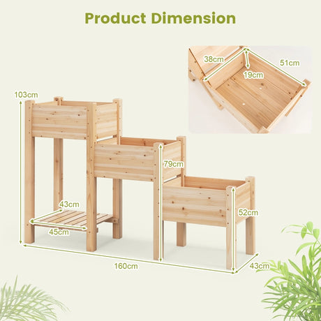 3-Tier Wooden Raised Garden Bed with Open Storage Shelf-Natural