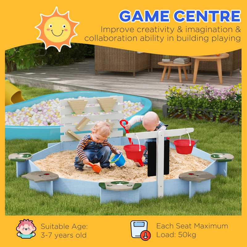 Outsunny Wooden Sandbox, Outdoor Sand Pit, with Six Seats, Accessories, for Ages 3-7 Years - Blue