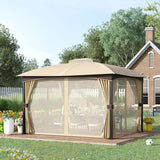 Outsunny 4 x 3(m) Patio Metal Gazebo, Garden Canopy Shelter with Double Tier Roof, Removable Netting and Curtains Marquee Tent, Khaki