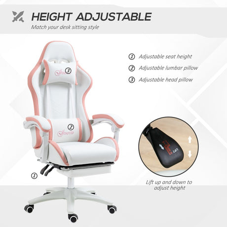 Vinsetto Computer Gaming Chair, PU Leather Desk Chair with Footrest, Swivel Task Chair with 135° Reclining Back and Lumbar Support, PC Chair for Adults, White and Pink