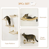 PawHut 3PCs Wall-Mounted Cat Shelves, with Jumping Platforms, Hammock, Scratching Post - Oak Tone