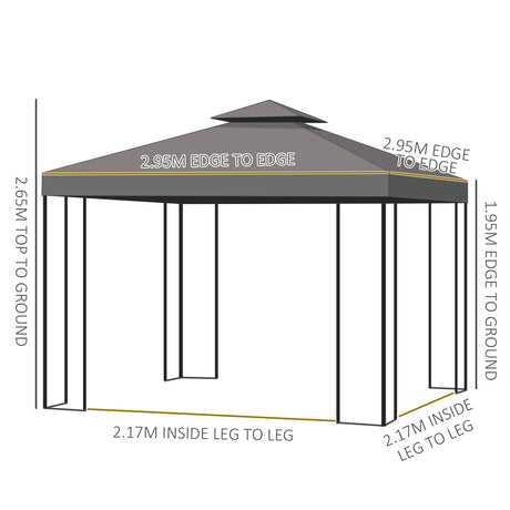 Outsunny 3 x 3 m Garden Gazebo Double Roof Marquee Patio Wedding Party Tent Canopy Shelter with Sidewalls (Brown)
