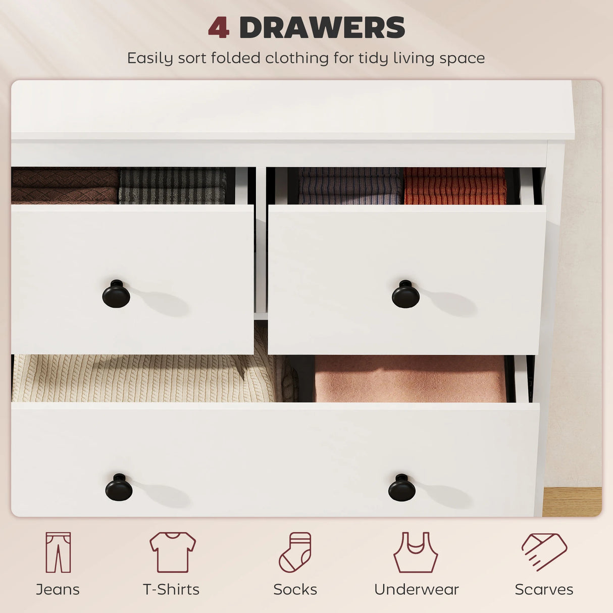 HOMCOM Modern Chest of Drawers, 4 Drawer Dresser Clothes Storage Organiser for Living Room, Hallway, Entryway, White