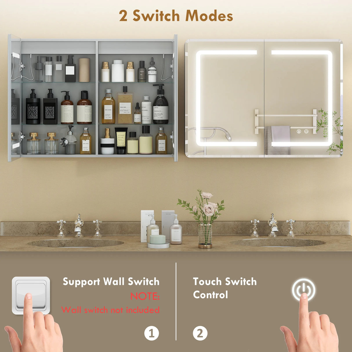 HOMCOM Mirrored Bathroom Cabinet with LED Lights, 60 x 80 cm Bathroom Mirror Cabinet with Anti-Fog, 3 Colour Dimmable Lighting