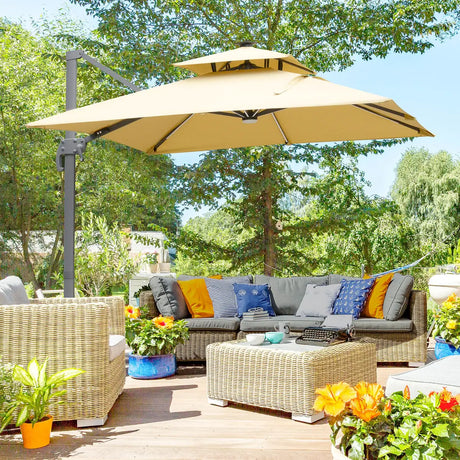 Outsunny 3m Cantilever Parasol, Outdoor Offset Patio Umbrella, Solar LED Lighted Hanging Sun Shade Canopy with Tilt and Crank Handle, Cross Base for Lawn, Khaki