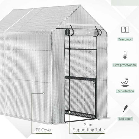 Outsunny Walk in Garden Greenhouse with 2-Tier Shelves Polytunnel Steeple Grow House 6 x 4 x 6ft White