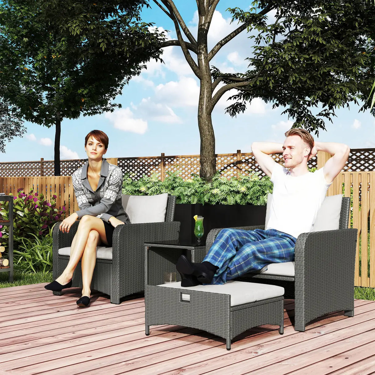 Outsunny Five Piece Rattan Garden Furniture Set with 2-Tier Coffee Table and Ottomans  - Cream White