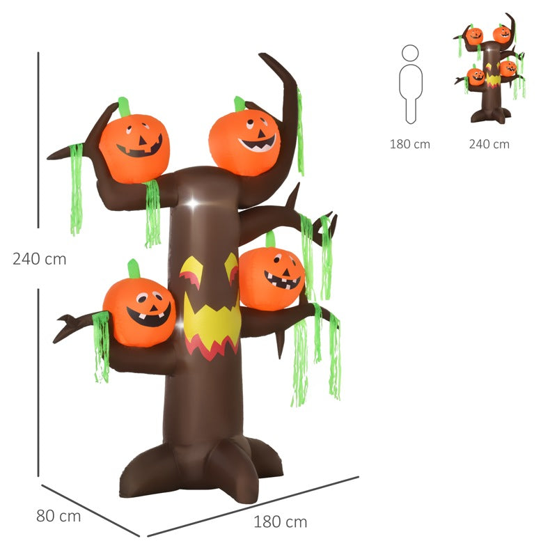 HOMCOM 2.4m Halloween Inflatable Ghost Tree with 4 Pumpkins 2 Build-in LEDs, Blow Up Inflatables for Halloween Party Yard Lawn Outdoor Indoor Decoration