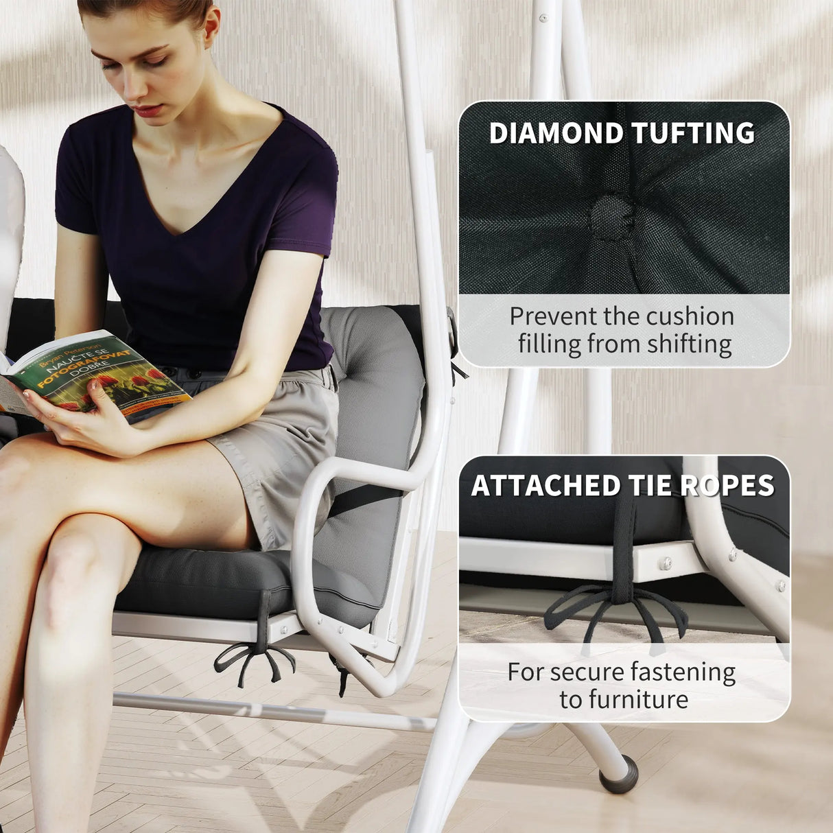 Outsunny 3 Seater Bench Pad, Garden Chair Cushion with Back and Ties for Indoor and Outdoor Use, 98 x 150 cm, Black