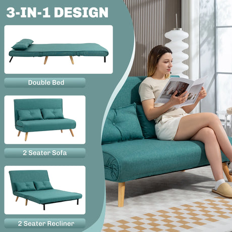 HOMCOM Two-Seater Linen-Look Sofa Bed - Green