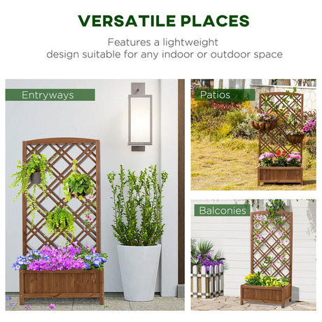 Outsunny Garden Planter with Trellis, Wooden Raised Bed for Garden with Lattice Trellis for Vegetables, Herbs and Flowers, Brown