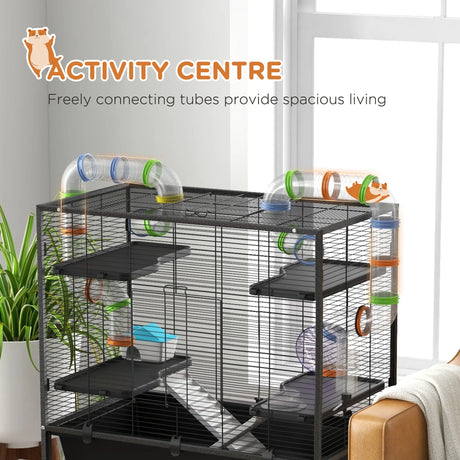 PawHut Large Hamster Cage, Gerbil Cage with Tubes, Storage Shelf, Ramps, Platforms, Running Wheel - Black