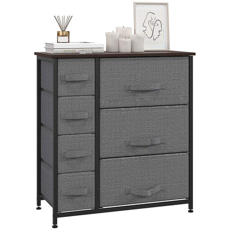 HOMCOM Chest of Drawers with 7 Drawers, Fabric Drawers with Large Storage Space, Drawers Dresser with Metal Frame, Adjustable Feet for Bedroom Living Room, Dark Grey