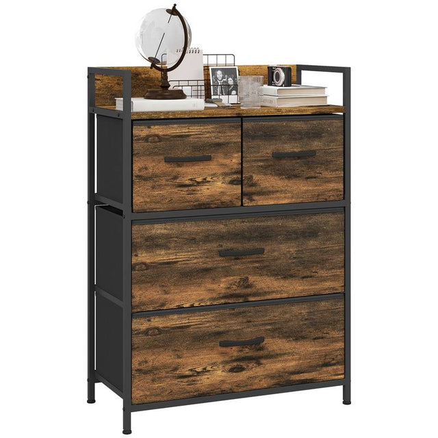 HOMCOM Rustic Chest of Four Fabric Drawers - Rustic Brown