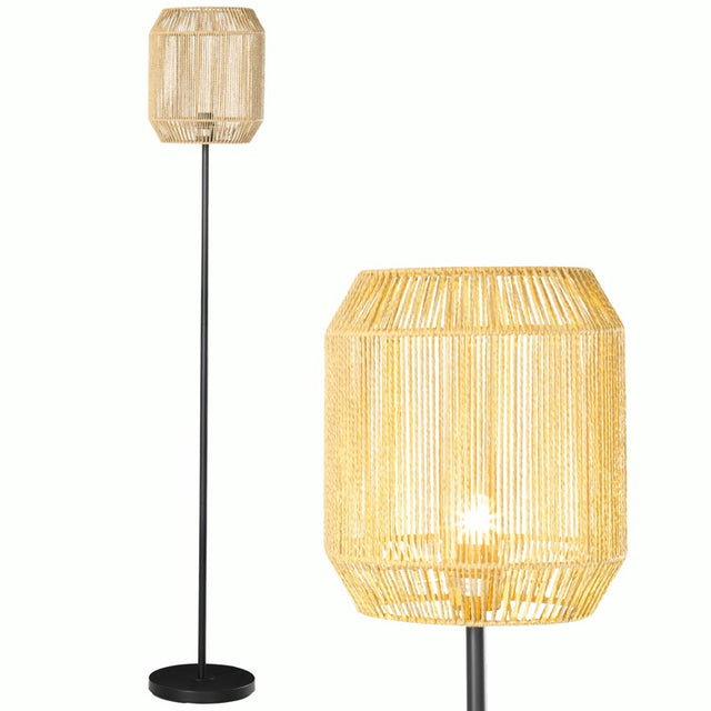 HOMCOM Farmhouse Standing Lamp, Floor Lamps with Hand Woven Rattan Lampshade for Living Room