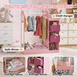 AIYAPLAY Kids Clothes Rail with Storage Shelf, Boxes, Mirror for Bedroom, Nursery, Pink