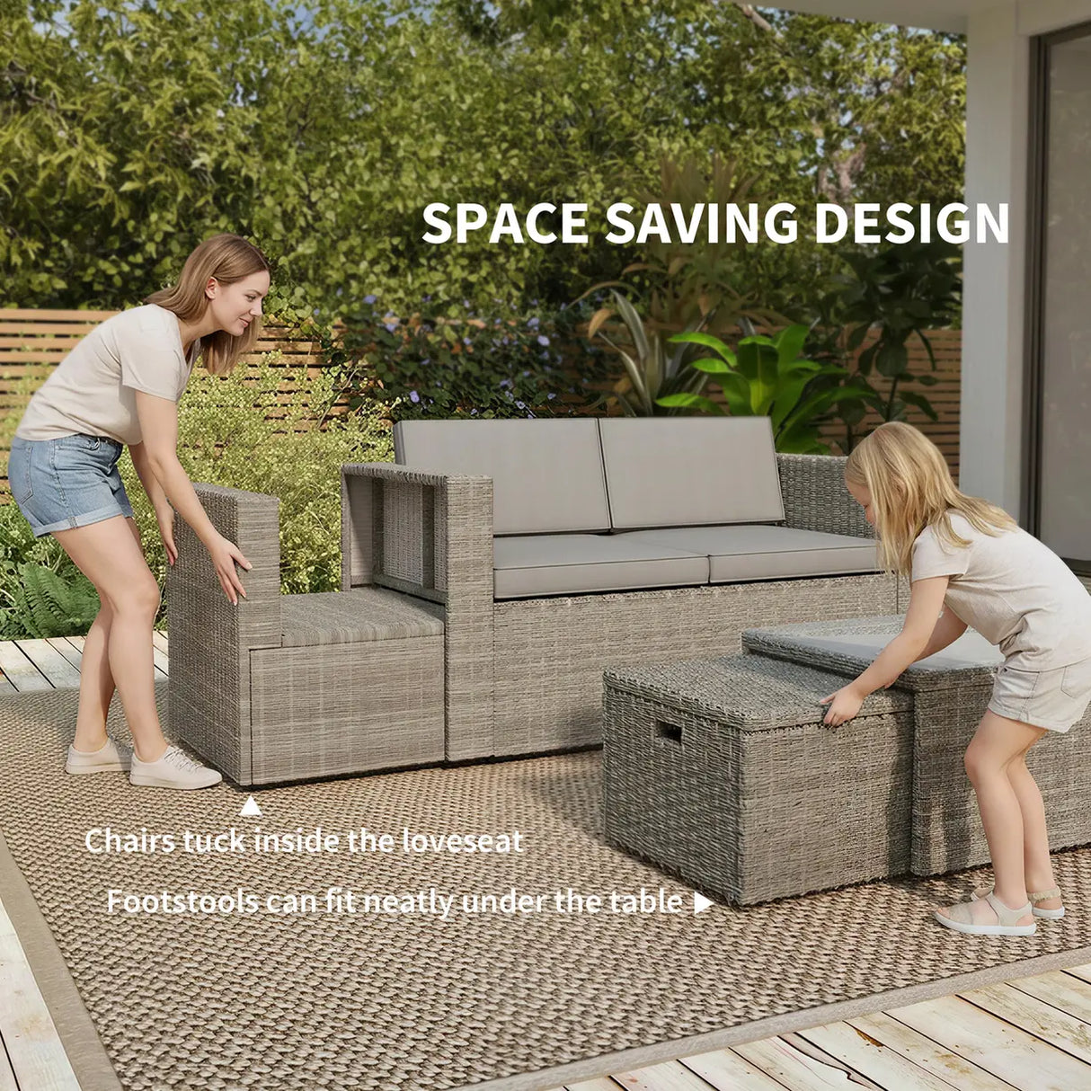 Outsunny 6 Piece Rattan Garden Furniture Set, Nesting Patio Conversation Set with Loveseat, Chairs, Table, Footstools, Dark Grey