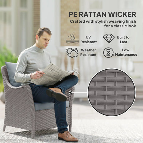 Outsunny Rattan Garden Chairs Set of 2, Outdoor Rattan Chairs with Cushions, Armrests and High Back, PE Wicker Garden Armchair with Steel Frame for Balcony, Porch, Light Grey
