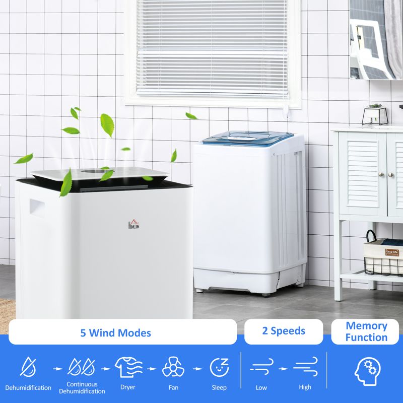 HOMCOM 3500mL Portable Dehumidifier with Air Purifier, 24H Timer, 5 Modes, 16L/Day, for Home Laundry, White