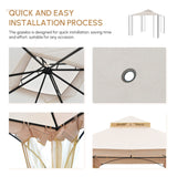 Outsunny 3 x 3(m) Garden Gazebo Patio Party Tent Shelter Outdoor Canopy Double Tier Sun Shade Metal Frame Netting, Beige