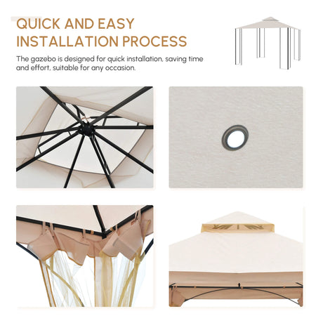 Outsunny 3 x 3(m) Garden Gazebo Patio Party Tent Shelter Outdoor Canopy Double Tier Sun Shade Metal Frame Netting, Beige