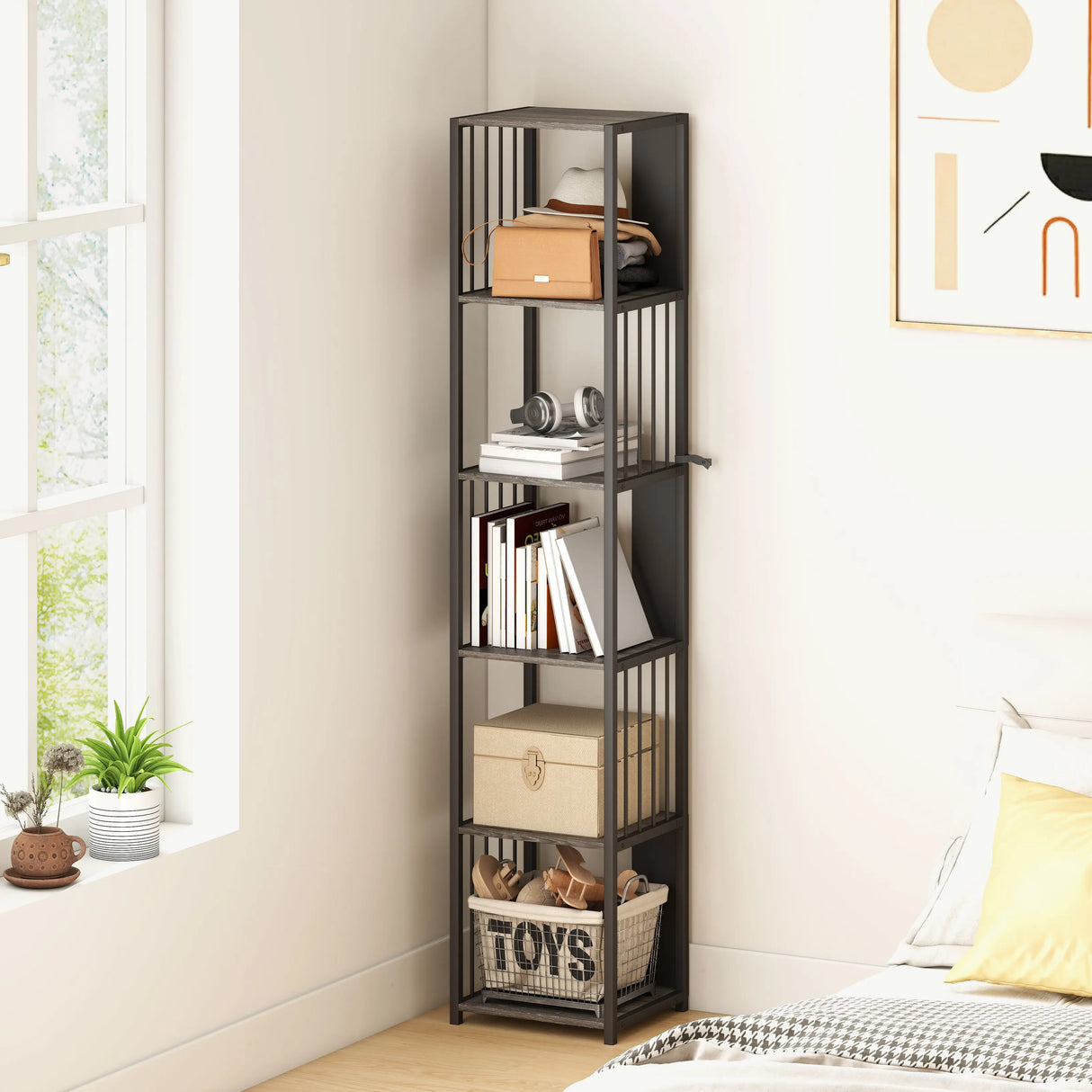 HOMCOM 5-Tier Bookshelf with Steel Frame - Grey