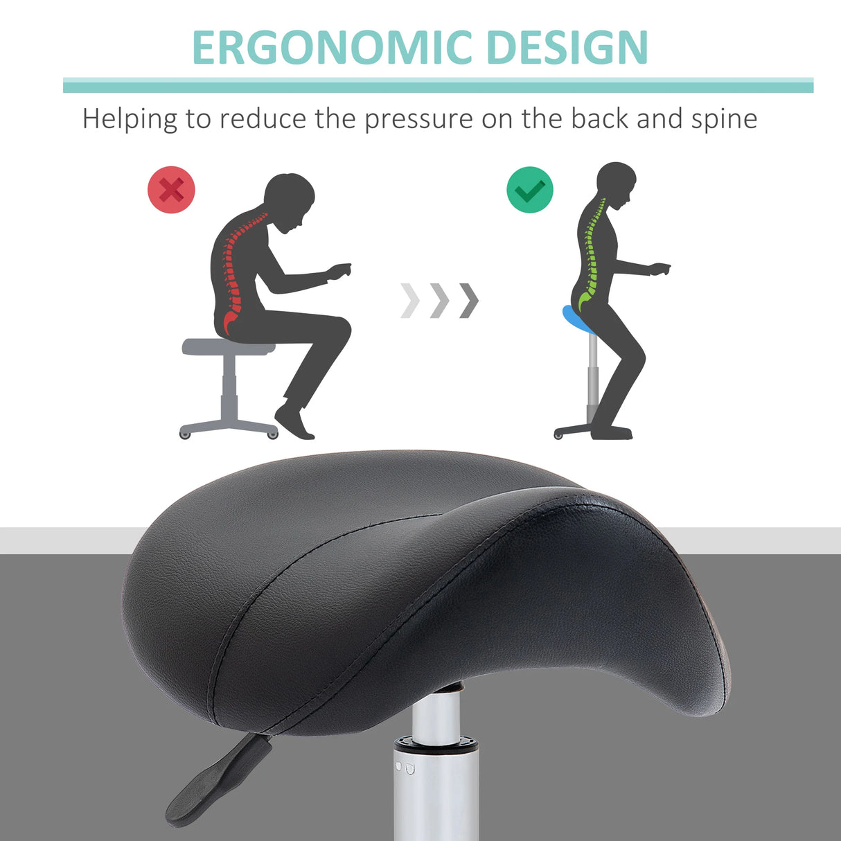 HOMCOM Cosmetic Stool 360 Rotate Height Adjustable Salon Massage Spa Chair Hydraulic Rolling Faux Leather Saddle Stool Mobility, Black