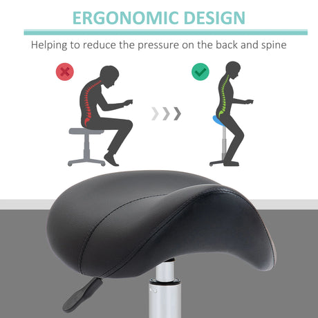 HOMCOM Cosmetic Stool 360 Rotate Height Adjustable Salon Massage Spa Chair Hydraulic Rolling Faux Leather Saddle Stool Mobility, Black