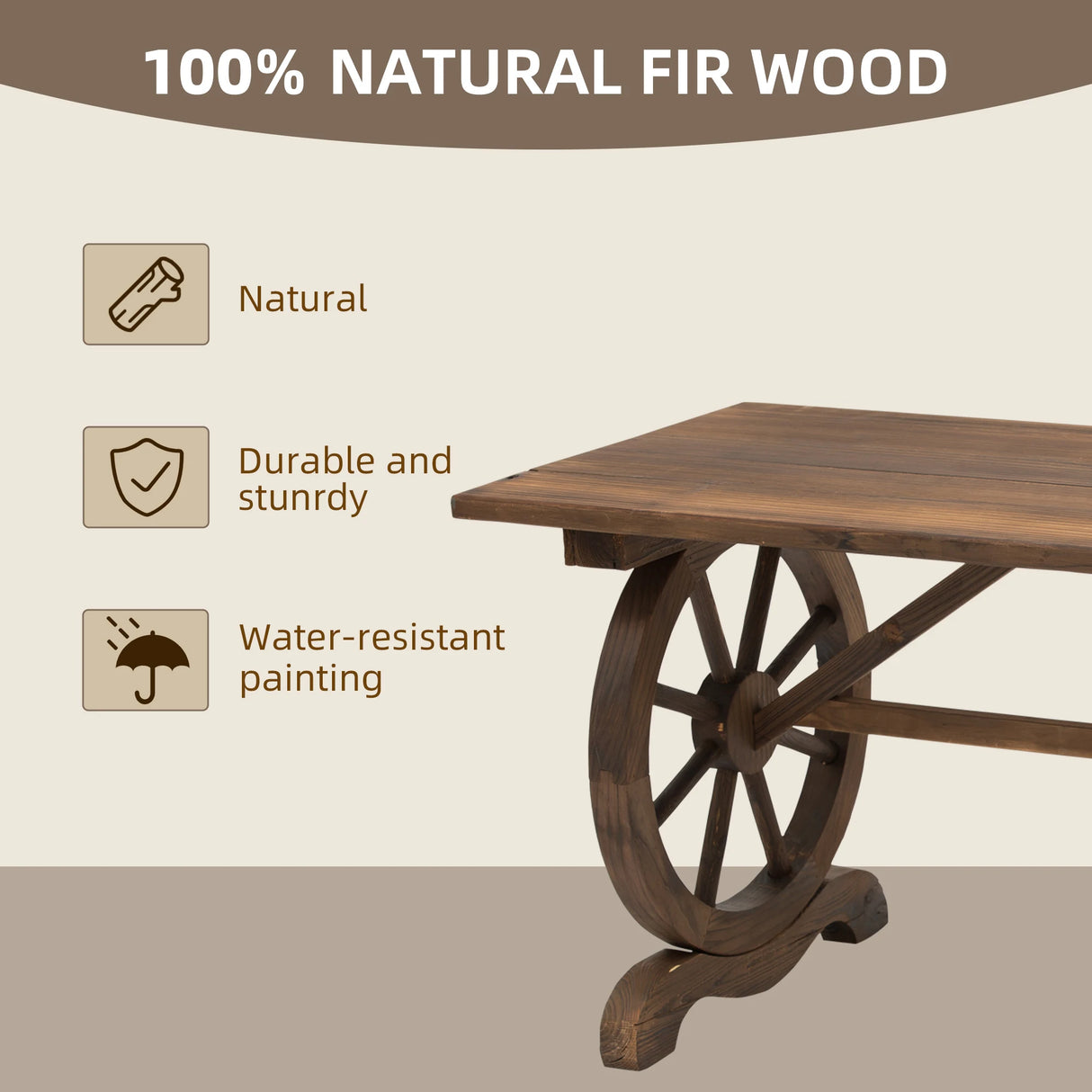 Outsunny Wooden Garden Dining Table, Wagon Wheel Outdoor Coffee Table with 3 cm Wood Top for Patio, Balcony, Terrace, 110 x 60 x 65 cm, Carbonised Finish