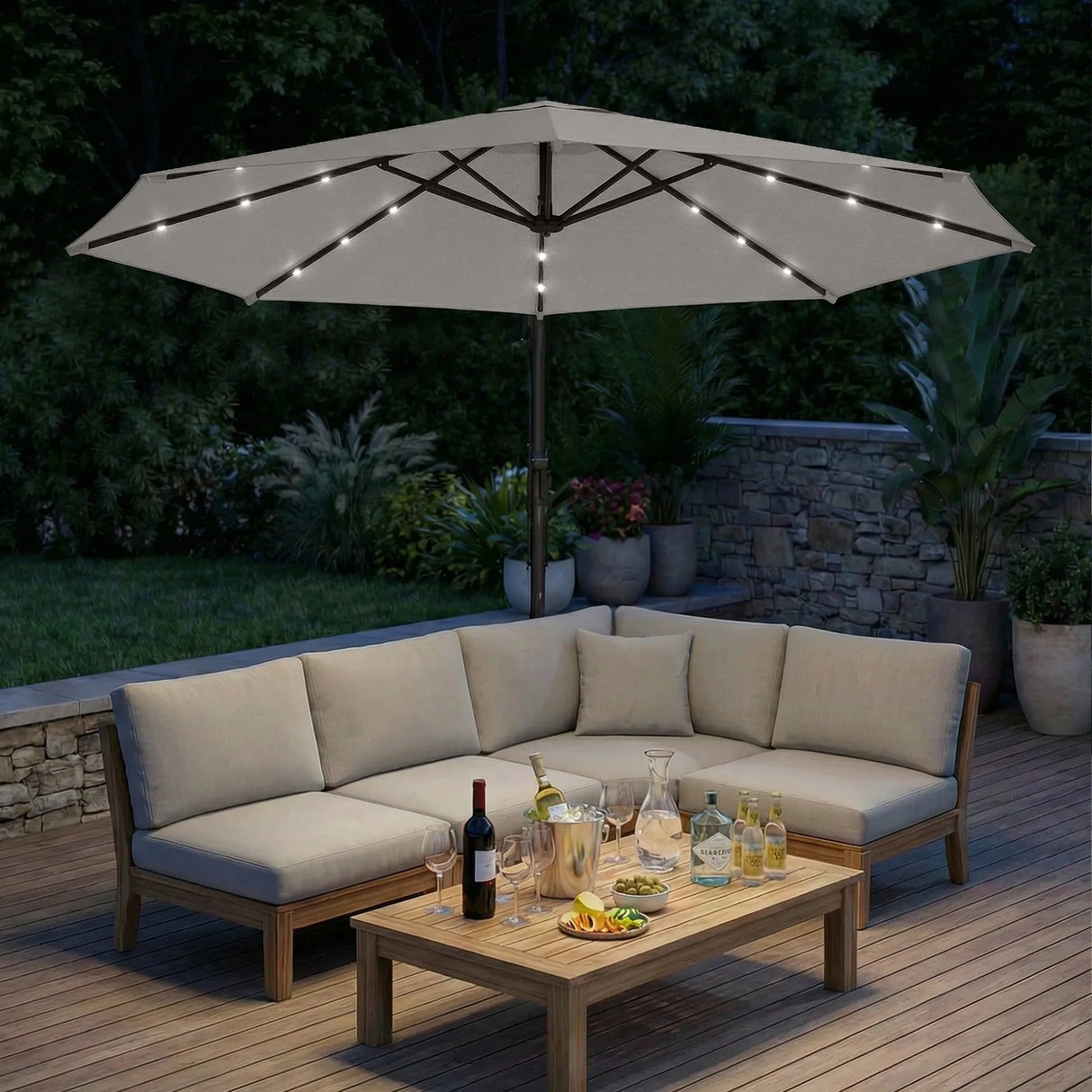 Outsunny 3 m Cantilever Parasol with Solar LED Lights Garden Umbrella with Cross Base, Light Grey
