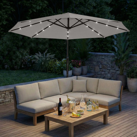 Outsunny 3 m Cantilever Parasol with Solar LED Lights Garden Umbrella with Cross Base, Light Grey