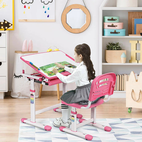 Height Adjustable Childrens Desk Chair Set -Pink