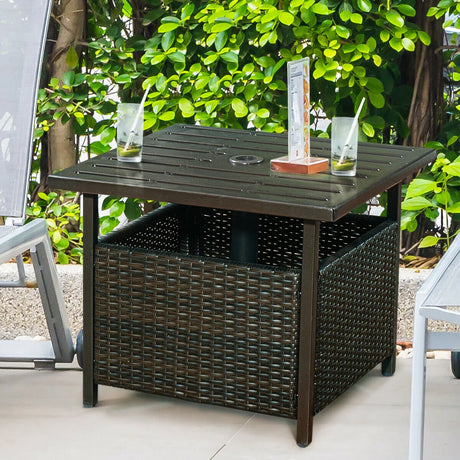 Rattan Coffee Table with Umbrella Hole & Metal Tabletop for Outdoor