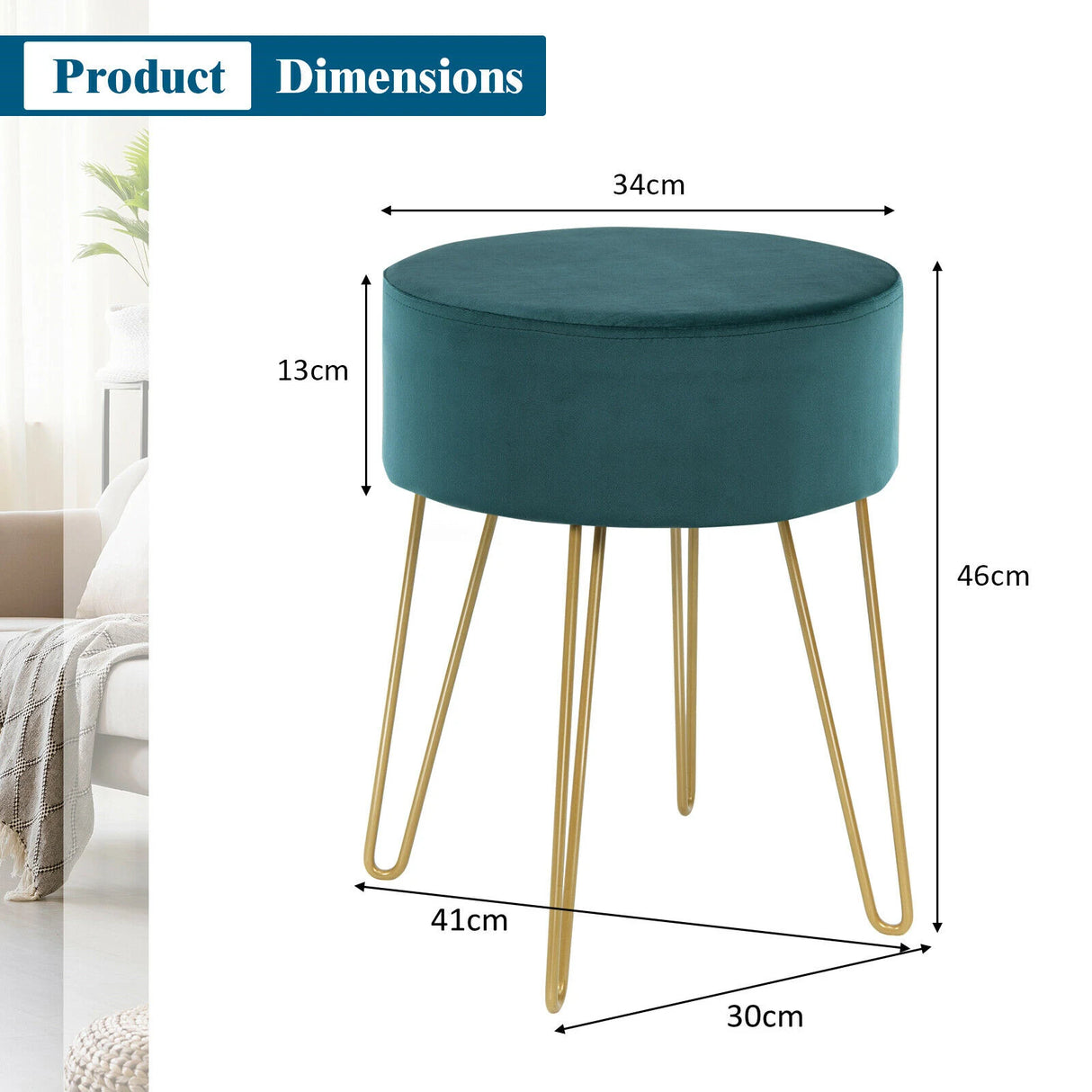 Round Velvet Ottoman Footrest Table Dressing Chair with Metal Legs-Green